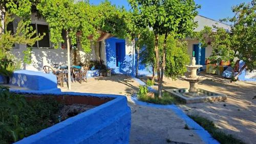 einen Garten mit einem Brunnen inmitten eines Gartens in der Unterkunft Gîte El houmar in Tanakoub