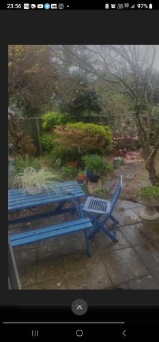 Kent的住宿－The Bungalow，花园里的蓝色野餐桌和长凳