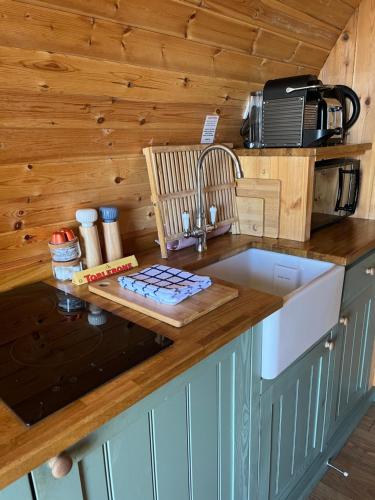 a kitchen with a sink and a counter top at Stoneymollan over Loch Lomond in Balloch