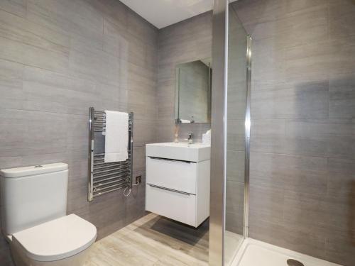 een badkamer met een toilet, een wastafel en een douche bij Quay View in St Austell