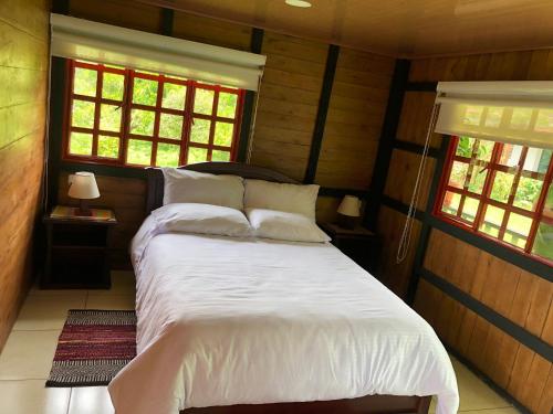a bedroom with a bed with white sheets and two windows at Cabaña tipo glamping en finca cafetera con zonas verdes, avistamiento de aves, paisaje cafetero in San Francisco