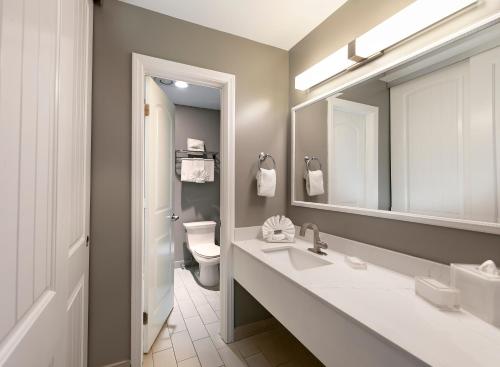 ein Badezimmer mit einem Waschbecken, einem WC und einem Spiegel in der Unterkunft Shore Cliff Hotel in Pismo Beach