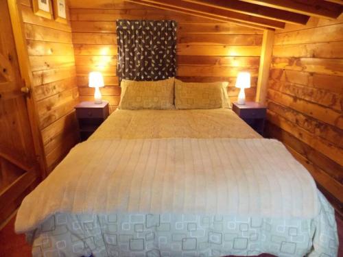 Cama en habitación de madera con 2 lámparas en Willowbrook, en Ohakune