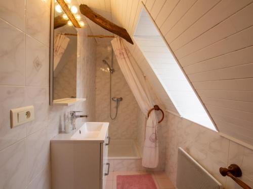 a bathroom with a sink and a shower in a attic at Gîte Cendrieux, 4 pièces, 6 personnes - FR-1-616-68 in Cendrieux