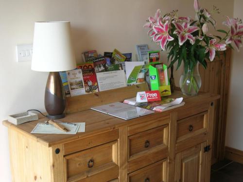 a desk with a lamp and a vase of flowers on it at Polhilsa Farm in Callington