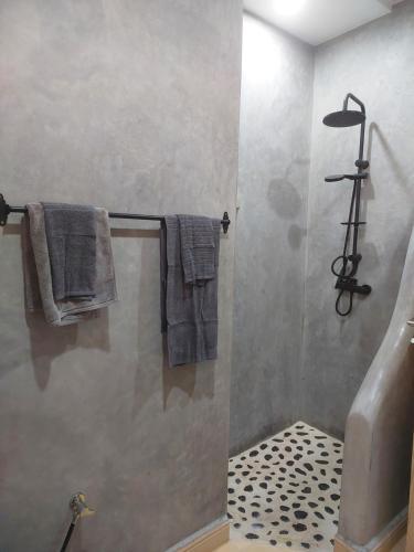 baño con ducha y toallas colgadas en la pared en Villa ichawin en Essaouira