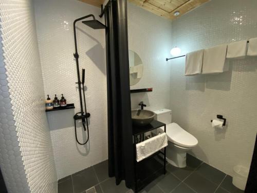 a bathroom with a shower and a sink and a toilet at Just Inn Taipei (Xin Yi) in Taipei