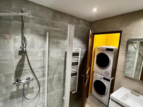 une salle de bain avec douche et lavabo dans l'établissement Charmant 3 pièces tout confort, 4 à 6 pers, sauna, terrasse, proche pistes et commodités - FR-1-263-526, à Valloire