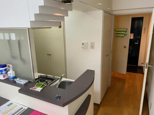 ein Bad mit einem Waschbecken und einem Spiegel in der Unterkunft ホワイトテラス桜新町 in Tokio