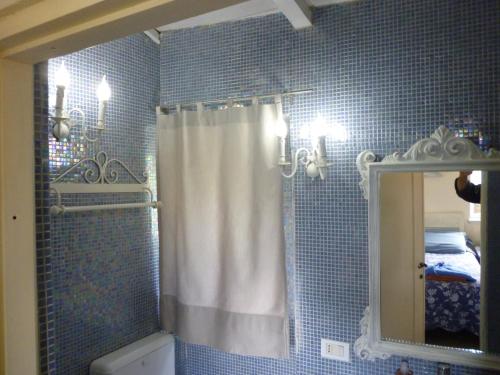 a bathroom with a shower curtain and a mirror at Lo Chalet sul Golfo in La Spezia