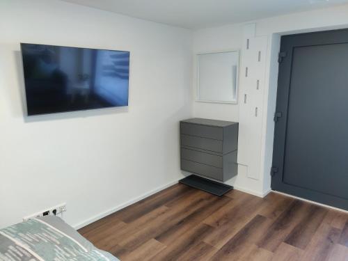 a bedroom with a bed and a tv on a wall at Ferienwohnung Eyach in Balingen
