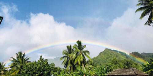 a rainbow in the sky with palm trees at Fare Manamana iti - The Magic Mountain's bungalow - 2 bdr - 4 pers - wifi in Papetoai