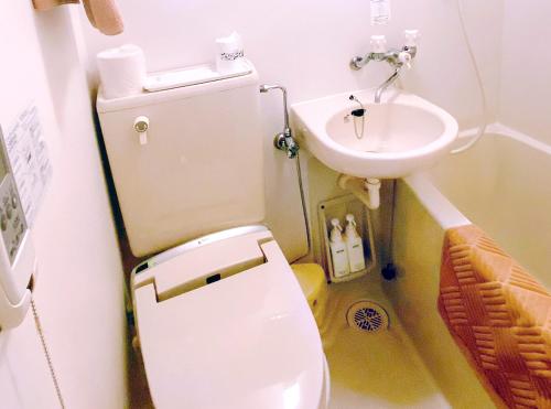 a small bathroom with a toilet and a sink at ビジネスホテルマーキュリー（ロイヤルイングループ） in Higashi-murayama