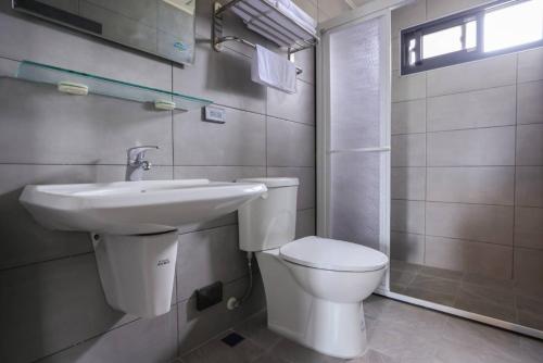 馬公市的住宿－甜心卡朵電梯私墅，浴室配有白色卫生间和盥洗盆。