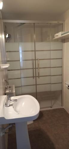 La salle de bains est pourvue d'un lavabo et d'une douche en verre. dans l'établissement Apartamento Consolat de Mar Cambrils, à Cambrils