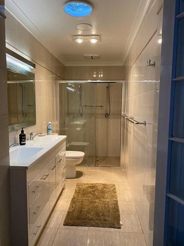 a bathroom with a shower and a sink and a toilet at Avon Homestay in Northam