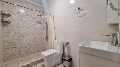 a bathroom with a toilet and a sink and a shower at Azaliya Hostel in Samarkand