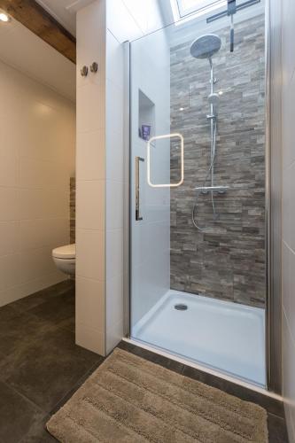 a shower with a glass door in a bathroom at d' âld skoalle - Sfeervol appartement in oude school. in Wijtgaard