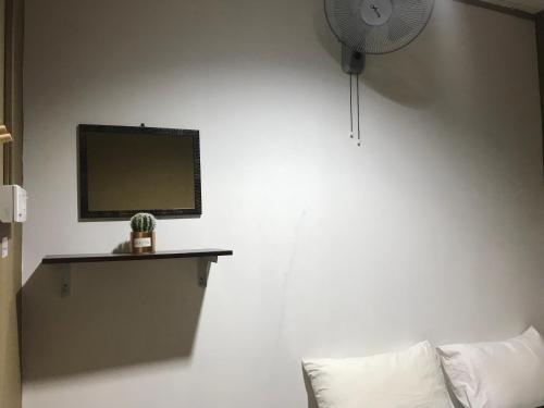 a living room with a tv and a cactus on a wall at Nusantara Mattwaddien Hostel in Kota Kinabalu