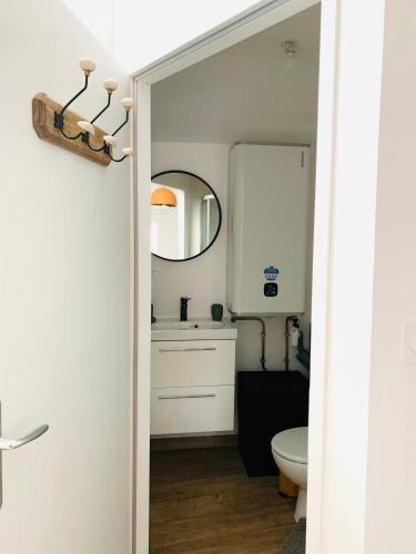 une salle de bain avec toilettes et miroir dans l'établissement Le Studio d'Emy, à Tiffauges
