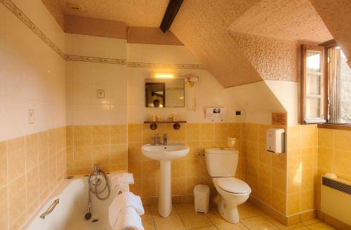 La salle de bains est pourvue d'un lavabo, de toilettes et d'une baignoire. dans l'établissement Auberge Saint Jacques, à Conques