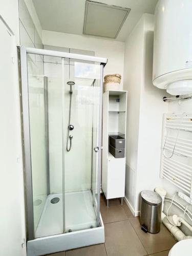a bathroom with a shower with a glass door at ROME - Studio meublé à Reims in Reims