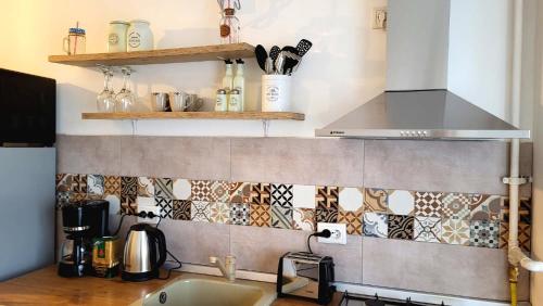 a kitchen with a sink and a stove top oven at STEFI ' s Apartament in Sibiu
