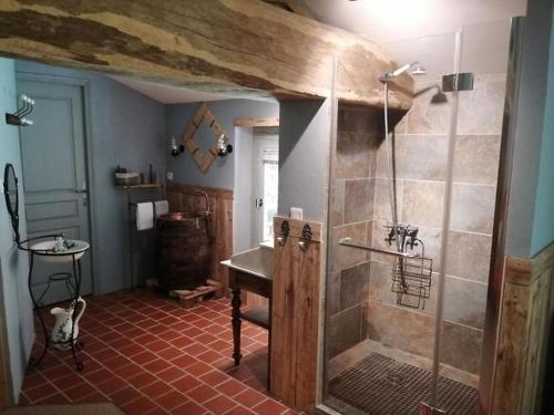 ein Bad mit einer Dusche und einem Waschbecken in der Unterkunft Domaine des Granges Neuves in Confrançon