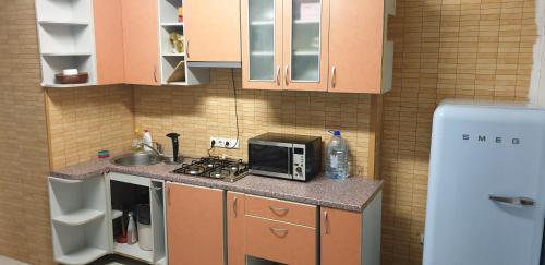 Una pequeña cocina con fregadero y microondas. en Šikšnosparnio urvas, en Klaipėda
