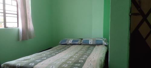 M B Holiday Home في غاواهاتي: سرير في غرفة خضراء وعليها وسادتين