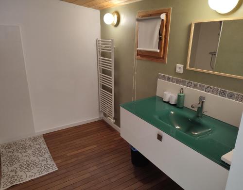 uma casa de banho com um lavatório verde e um espelho em Villa Porticcio - piscine , belle vue mer proche des plages em Porticcio