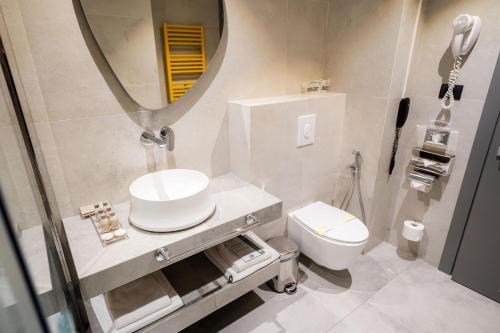 a bathroom with a sink and a toilet and a mirror at Mandachi Hotel & SPA in Suceava