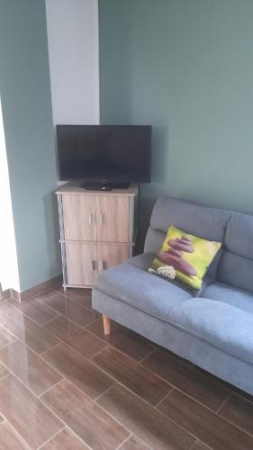 a living room with a couch and a tv at Zen Alliance in Fleurimont