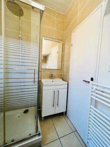une petite salle de bain avec un lavabo et une douche dans l'établissement Studio Endroit chaleureux au cœur des montagnes, à Argelès-Gazost