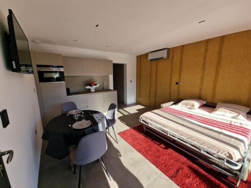 um quarto com uma cama, uma mesa e cadeiras em Magnifique studio au bord du lac du Bourget à proximité d'Aix-les-Bains em Tresserves