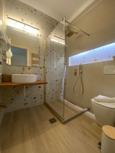 a bathroom with a shower and a toilet and a sink at Villa Pantheon in Litochoro