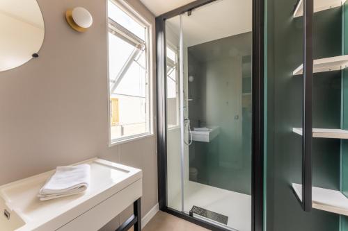 W łazience znajduje się umywalka i przeszklony prysznic. w obiekcie Boje 72 w mieście Scharbeutz