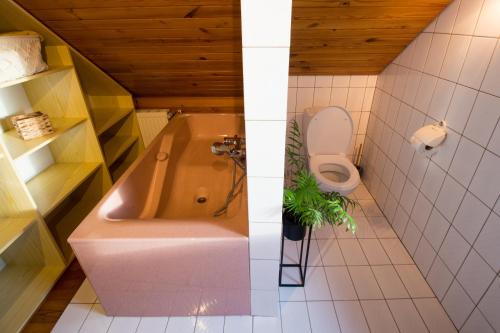 a bathroom with a pink tub and a toilet at Wooden fairytale in Lesično