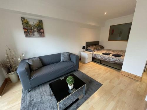 a living room with a couch and a bed at Lovely studio Apartment with balcony in Norwich