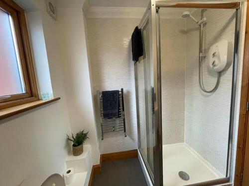 a bathroom with a shower with a glass shower backdoor at Lovely studio Apartment with balcony in Norwich