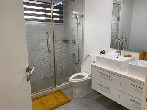 een badkamer met een douche, een toilet en een wastafel bij Modern 2 bedroom Townhouse in Accra in Aiyimensa