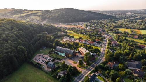 an aerial view of a town with a road at Młyn Jacka Hotel & Spa in Wadowice