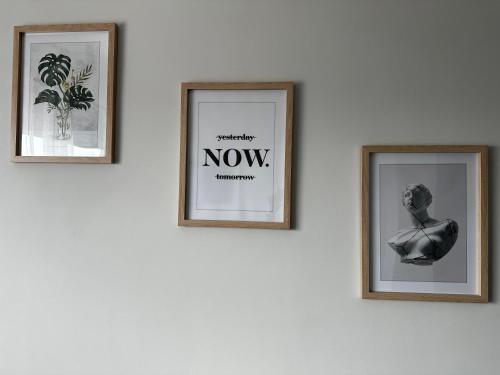 three pictures on a white wall with a picture of a woman at EVa's Luxury Apartments No 3 in Áyios Spirídhon