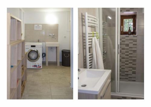 two pictures of a bathroom with a sink and a washing machine at Wanakaset Pyrénées Orientales in Argelès-sur-Mer