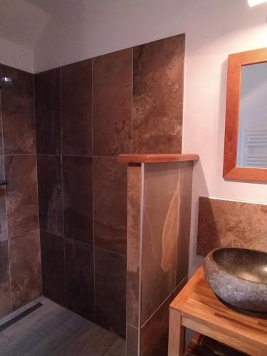 La salle de bains est pourvue d'un lavabo et d'une douche. dans l'établissement Gîte La Bourgetterie Fontenay sur Mer, à Fontenay-sur-Mer