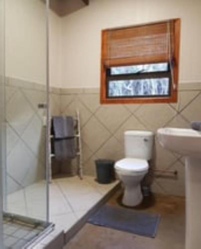 a bathroom with a toilet and a shower and a sink at Kiepersol Cottages - Cottage A in East London