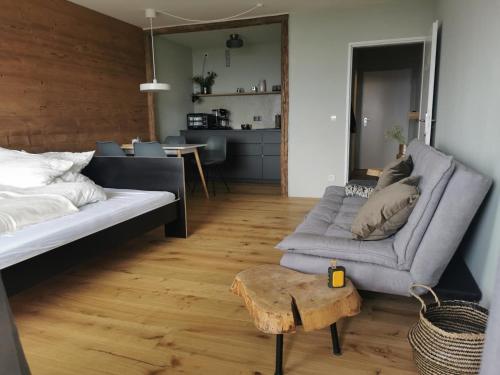 een woonkamer met een bed, een bank en een tafel bij Sternstube – Appartement mit traumhaftem Weitblick in Freyung
