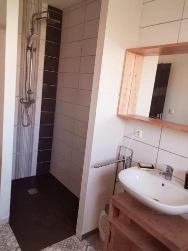 une salle de bain avec un lavabo et une douche dans l'établissement Comme à la maison, à Corneville-sur-Risle