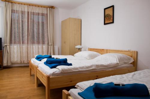 1 dormitorio con 2 camas con almohadas azules en Guest House St. Mária, en Máriapócs