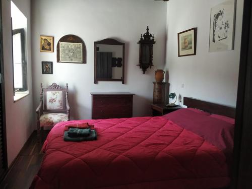 a bedroom with a red bed with a purse on it at xenios Z rustic rural cottage in Karídhion